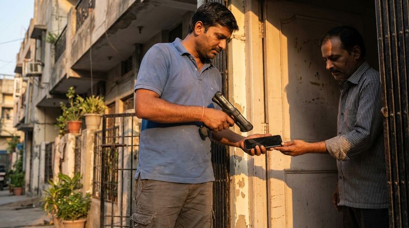 Delivery agent scanning an old smartphone during a Cashify doorstep pickup