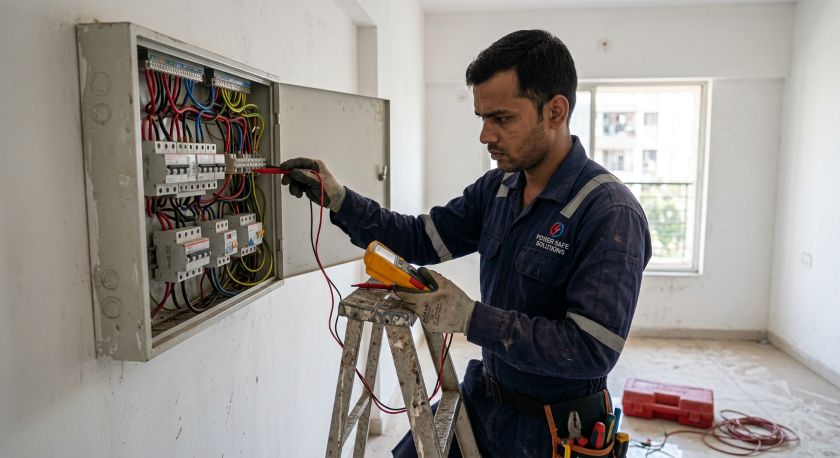 Electrician testing a switchboard and wiring in an empty room before move-in