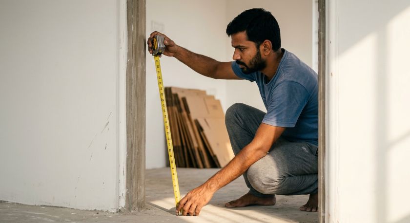 Person measuring a doorway with a tape measure to check furniture fit