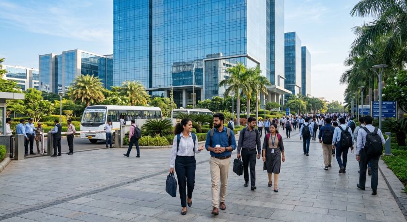 IT professionals walking into a glass office building at Hinjewadi IT Park Pune during morning shift
