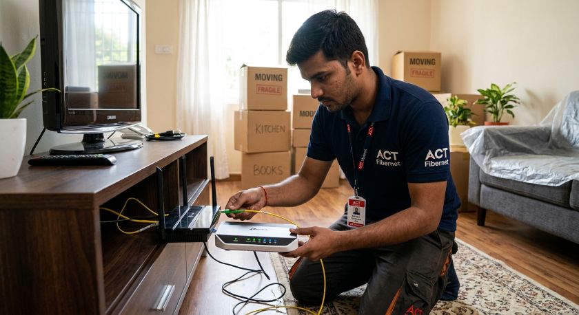 Technician setting up an internet router in a new home before move-in