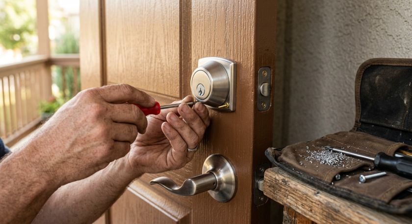 Locksmith changing the front door lock of a new house