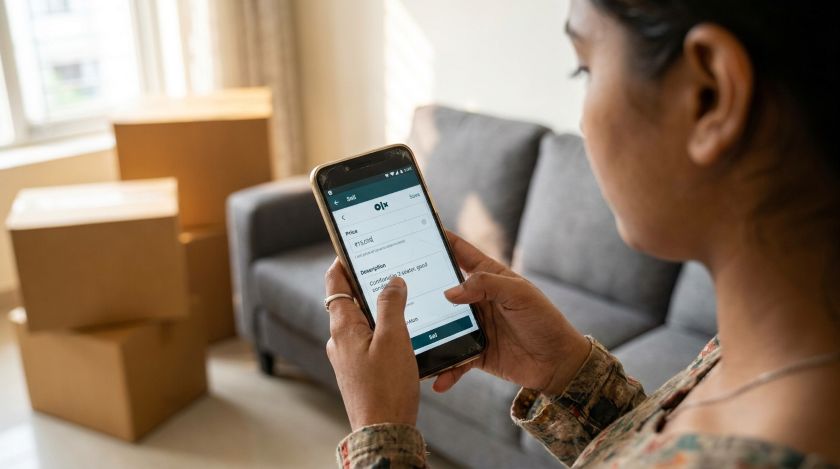 Seller photographing a sofa in a living room to list it for sale on OLX before moving out