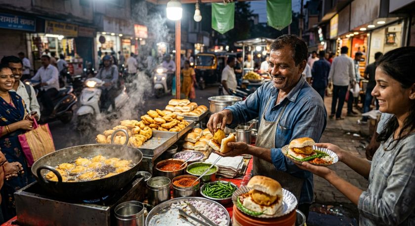Street vendor in Pune serving freshly made Vada Pav to a customer at a busy roadside stall