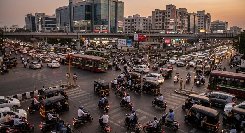 Dense two-wheeler and car traffic backed up at Wakad junction in Pune during evening peak hours