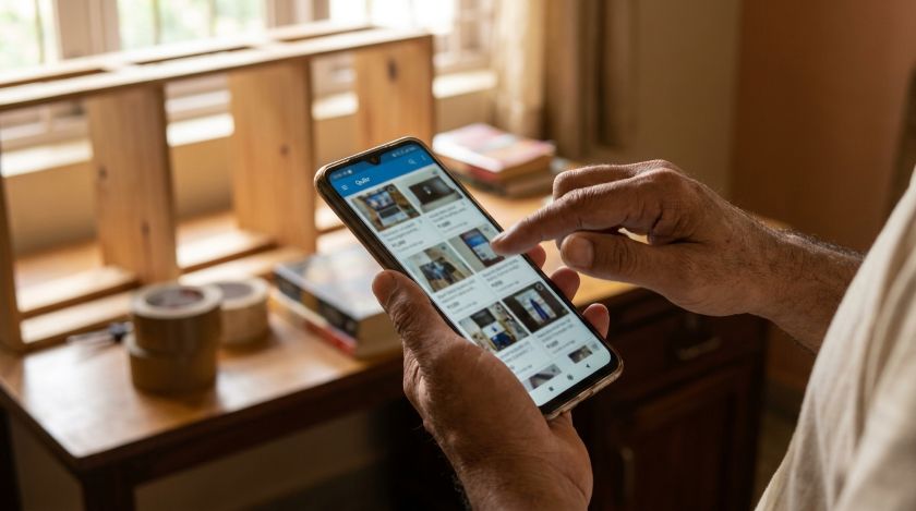 Person browsing used item listings on the Quikr app on a smartphone