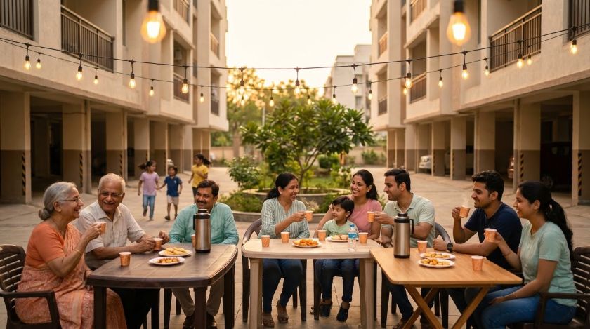 Residents sitting together at outdoor tables during a society community gathering in the evening