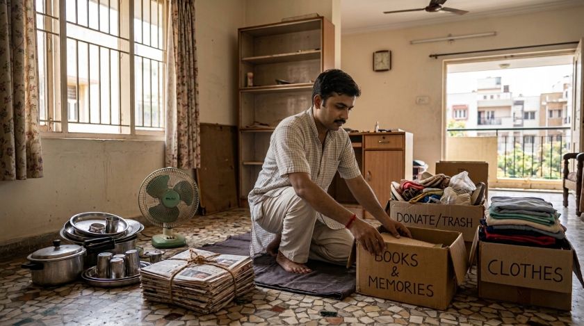 Person sorting household items into labelled keep and discard boxes before a local house shift