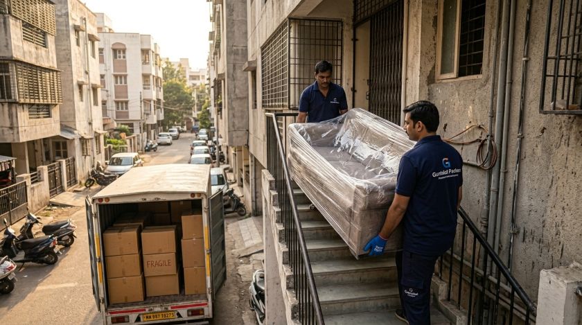 Professional packers and movers carefully loading wrapped furniture onto a truck for a local house shift