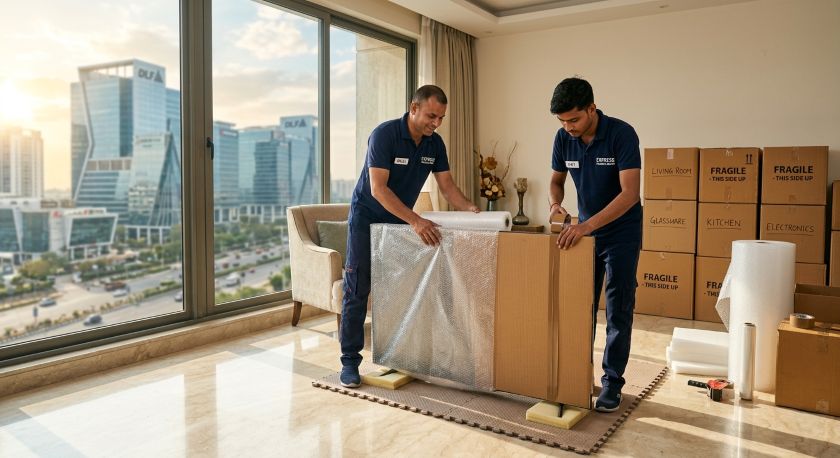 Professional packers and movers carefully wrapping furniture and household goods for Gurgaon to Pune long-distance house shifting