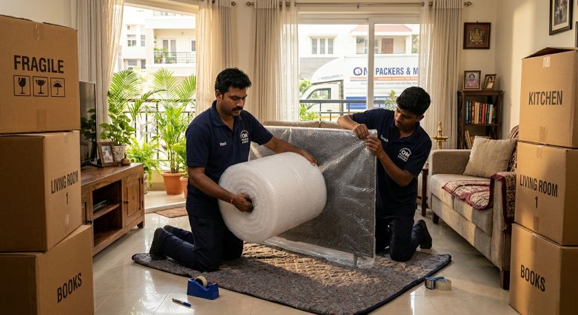 Professional packers and movers in Hyderabad carefully packing household furniture and appliances for Hyderabad to Chennai house shifting