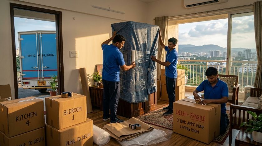 Professional packers and movers wrapping furniture and packing household goods in a Pune apartment for long-distance shifting to Delhi